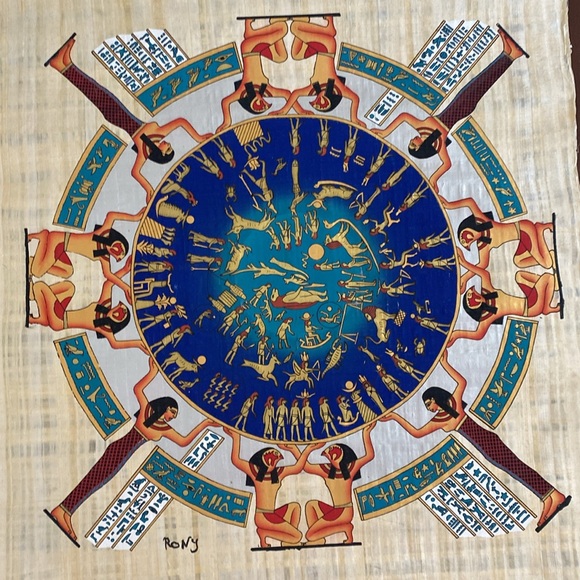 Hand Painted Egyptian Papyrus 36”H x 25”W with Storage Tube — Signed - Picture 3 of 14